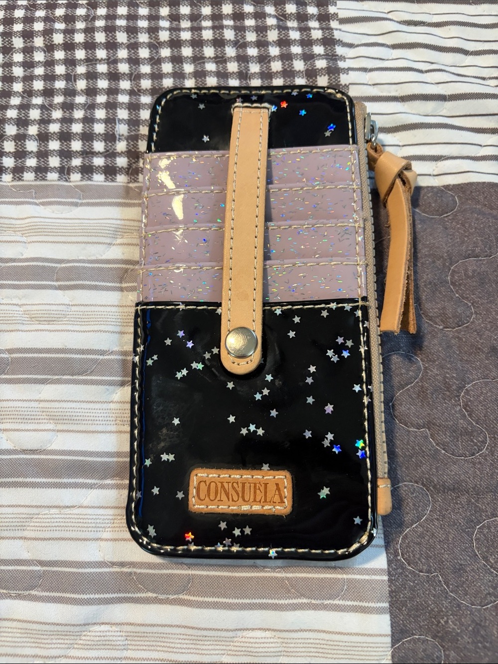 Consuela Black Patent Star Accent Phone Wristlet with Beige Strap